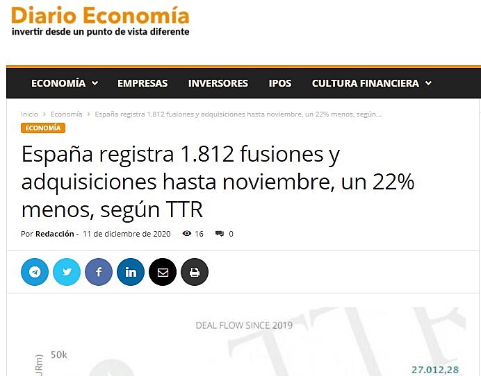 Espaa registra 1.812 fusiones y adquisiciones hasta noviembre, un 22% menos, segn TTR